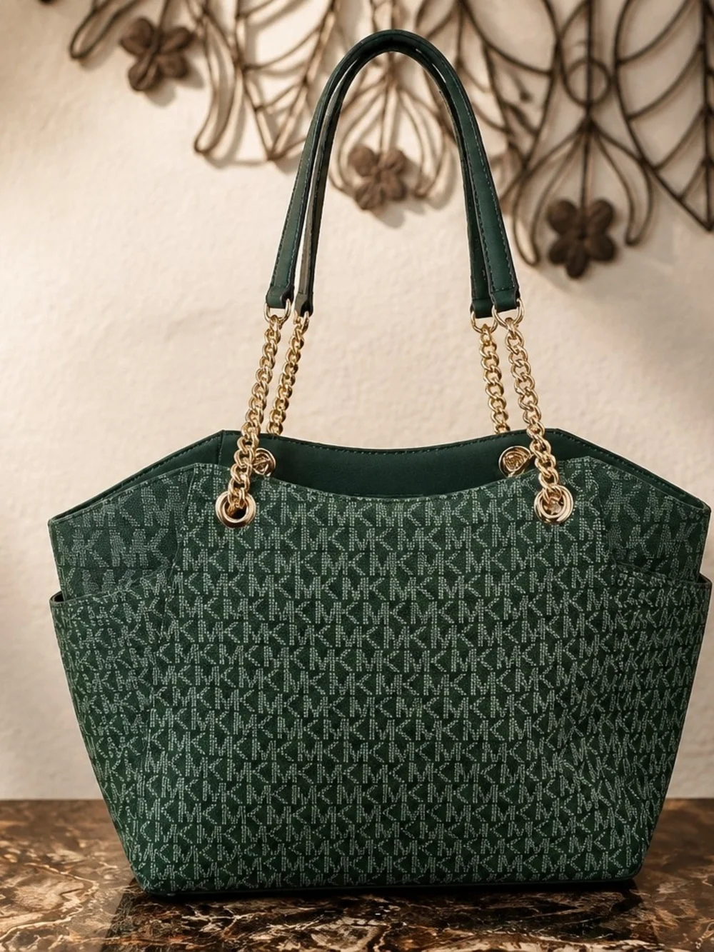 Michael Kors Dark Green MK Logo Chain-Handle Medium  Tote - Picture 2 of 3